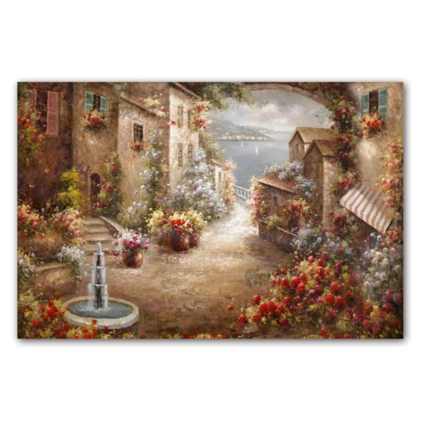 

Scenery Oil Painting on Canvas Handmade Art Hand Painted Acrylic Canva Flower Street Wall Art Home Decor Office Decor No Framed