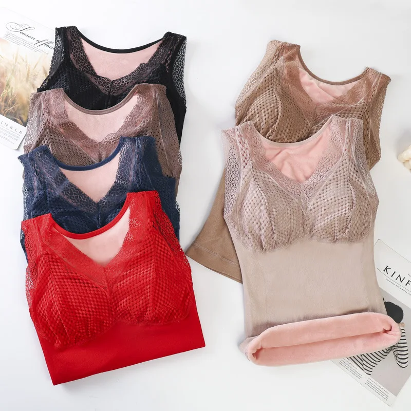 

Autumn Warm Vest Female Plus Size Deep V-neck Sexy Lace Seamless Velvet Sleeveless Tank Top Solid Color Thermal Thick Tube