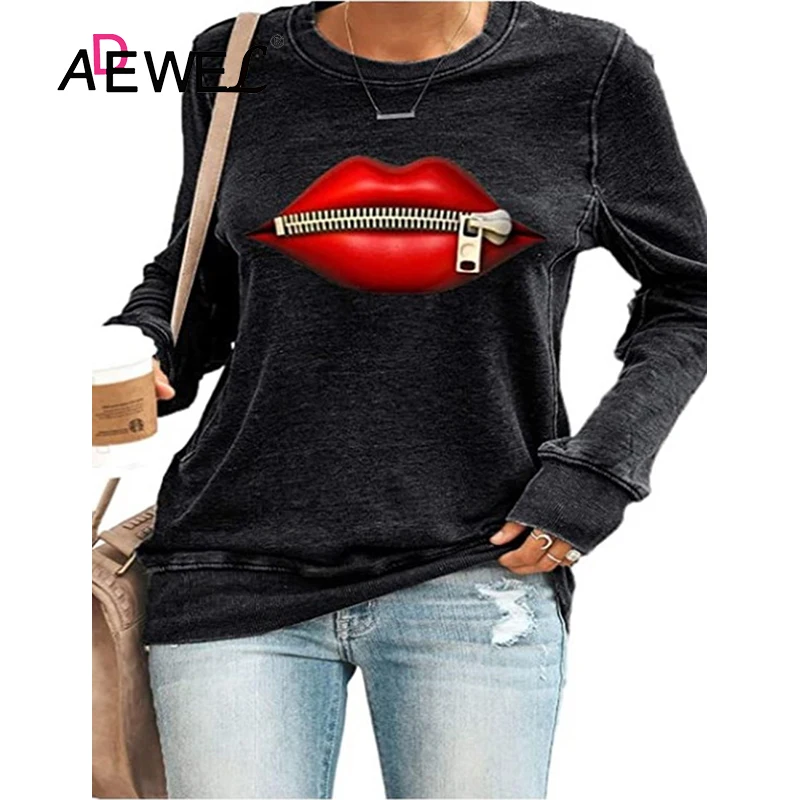 

ADEWEL Harajuku 2020 Autumn Women's Color Lip Printing Round Neck Long Sleeve Hoodie Women Plus Size Sudaderas Clothes 2XL