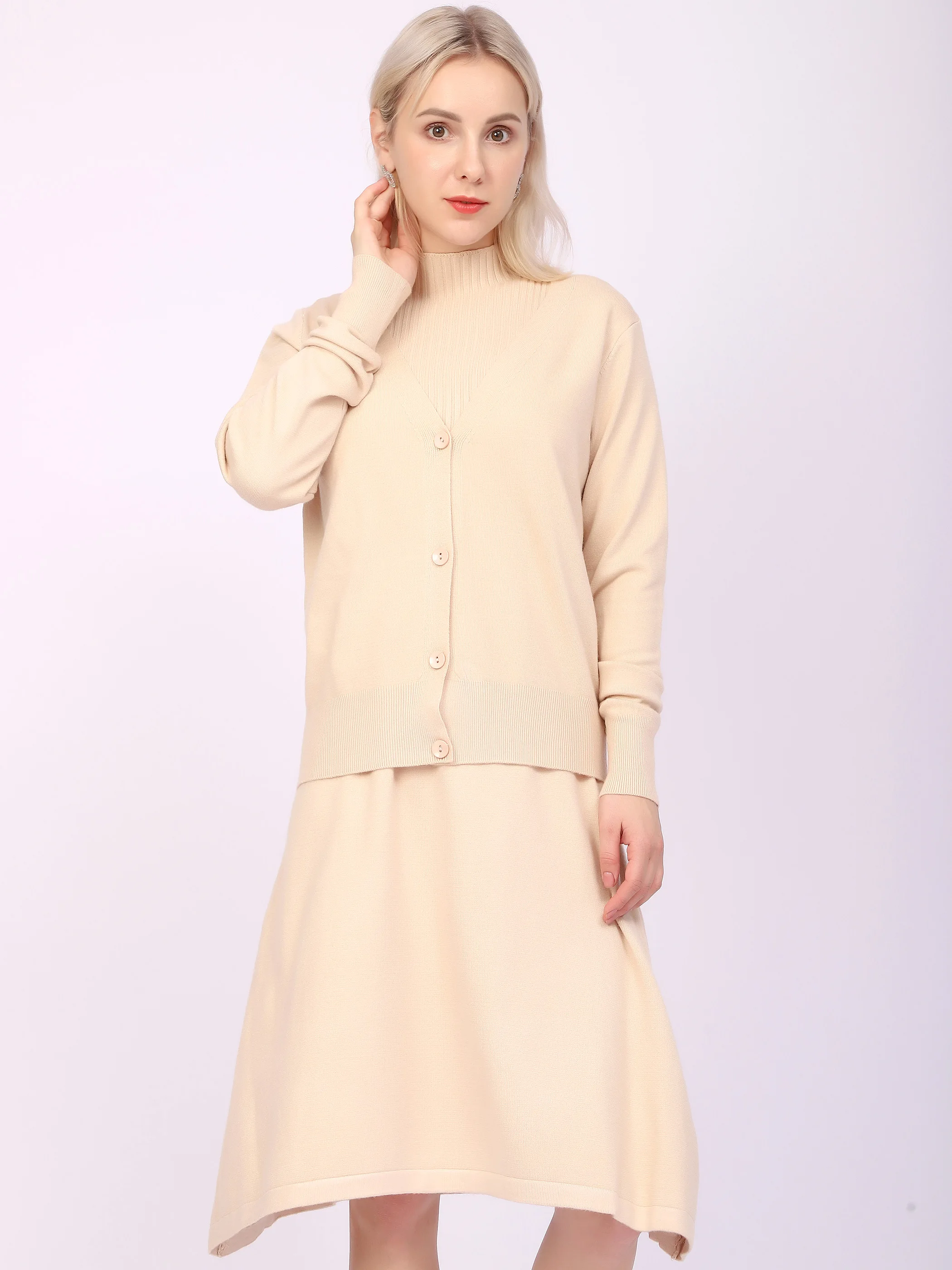 

Women Two Piece Skirt Set Outfits Suit Autumn and Winter Long Sleeve Beige Ladies Jumper Sweater Dress Clothes