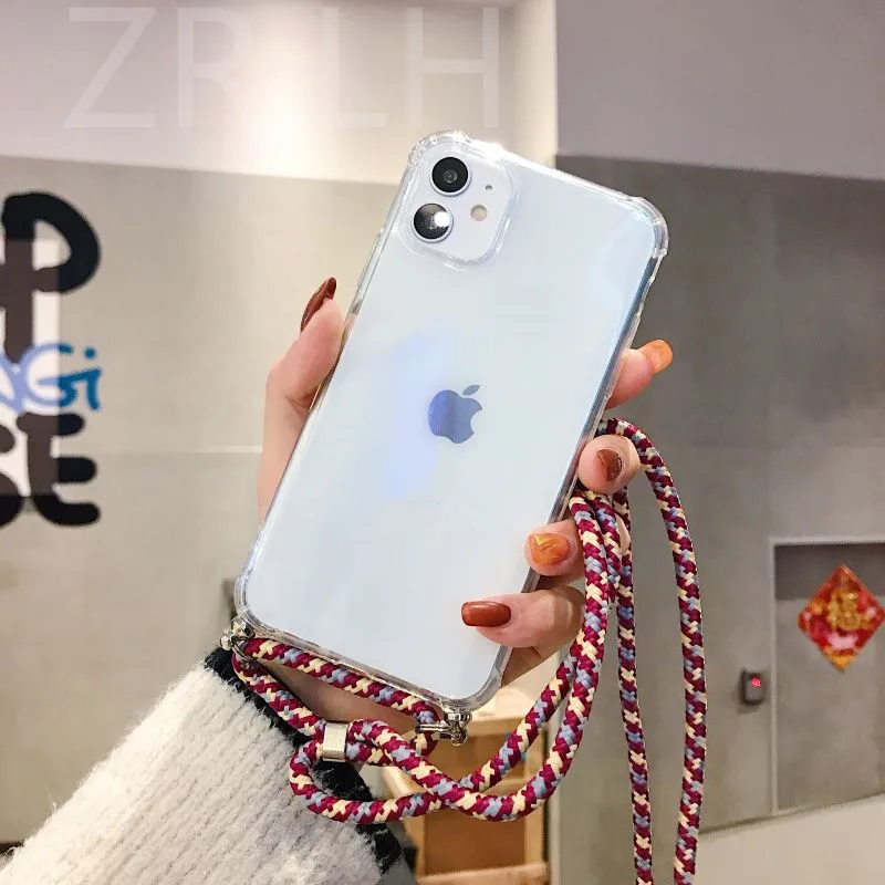 Transparent Soft TPU Phone Case For iphone  13 12 6 7 8 Plus X XS 11 Pro MAX XR SE 2020 With Lanyard Neck Strap Rope Cord Case