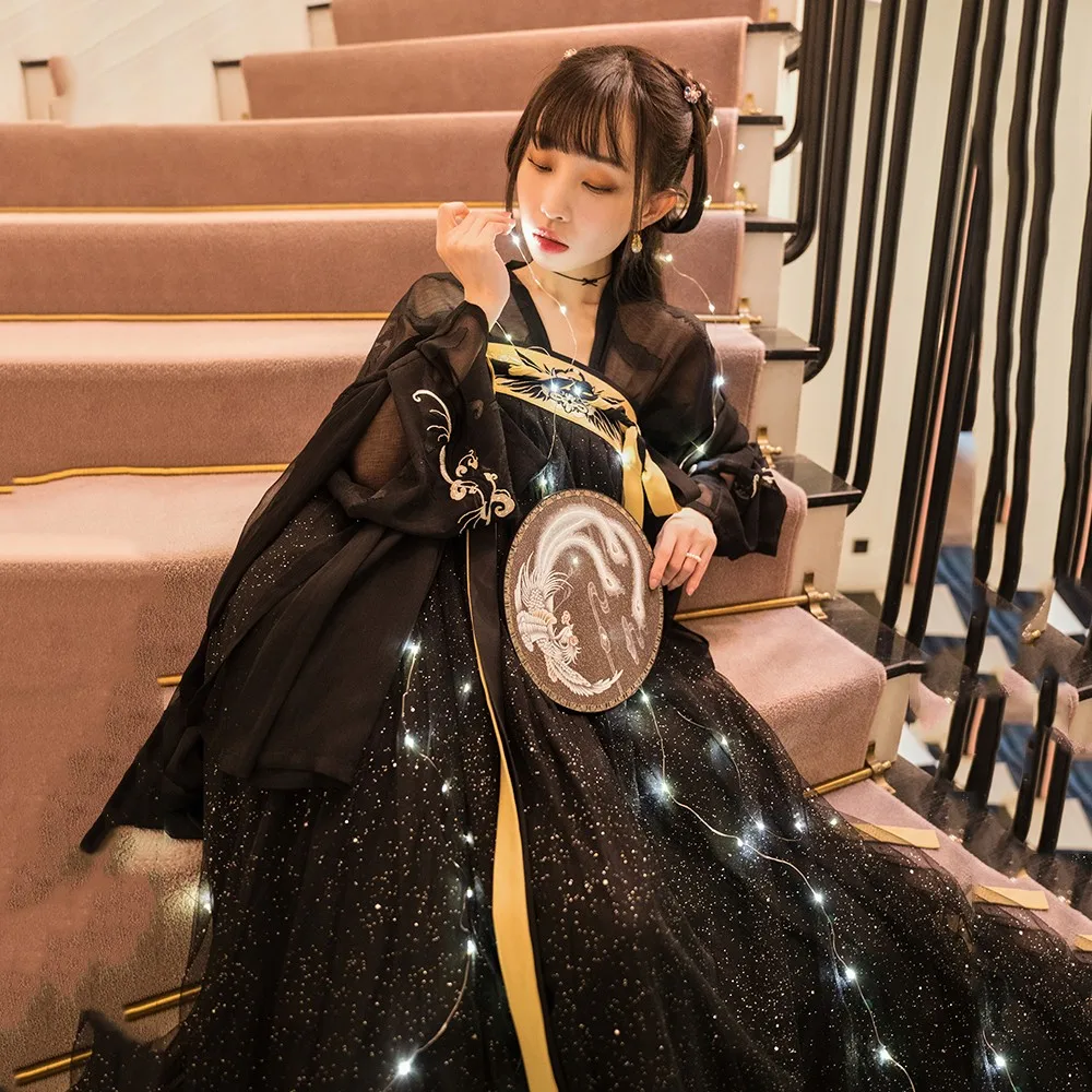

Bling Black Hanfu Dress Women Girl Chinese Style Embroidery Traditional Costume Folk Dance Outfit Vintage Tang Dynasty Coaplay