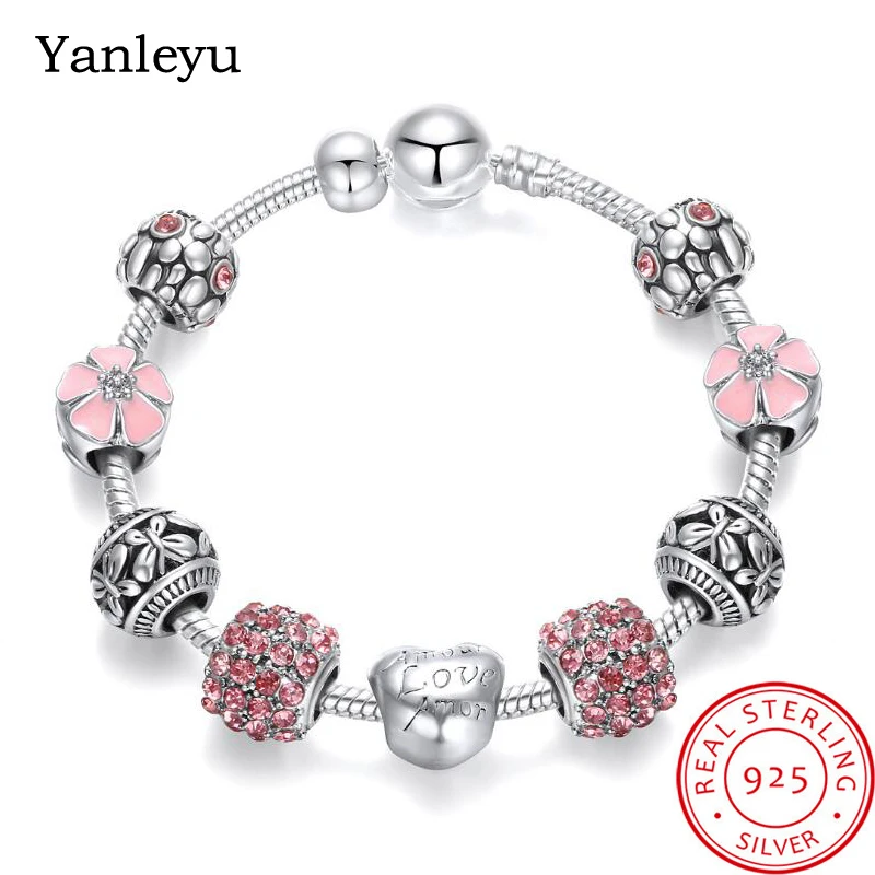 

Yanleyu 4 Colors DIY Bracelet Bangle for Women Jewelry Real 925 Sterling Silver Crystal Beads Charms Bracelet Hot Sale PB037