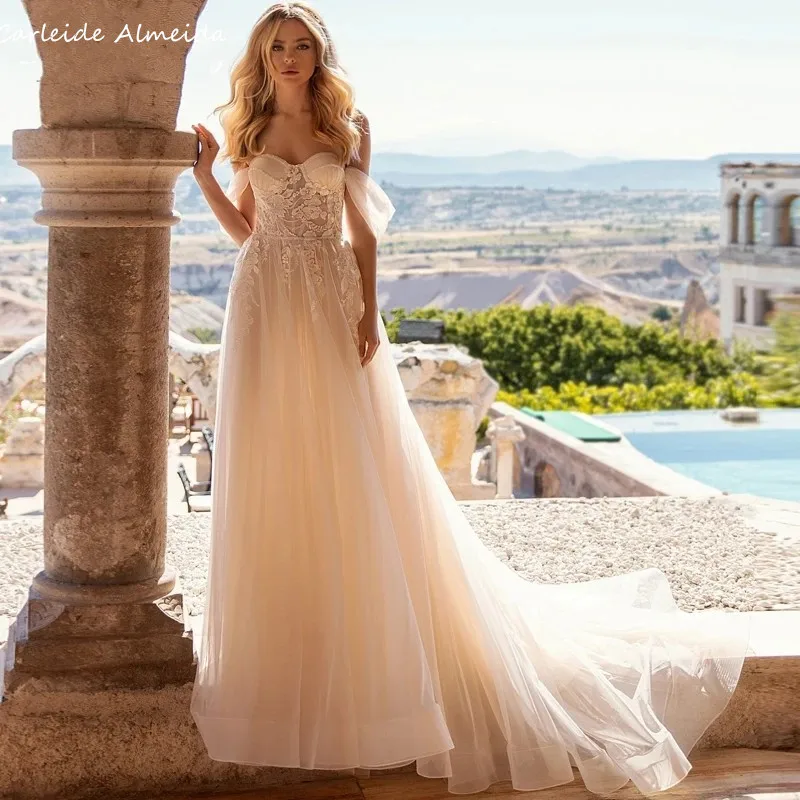 

Женское богемное свадебное платье без бретелек, ТРАПЕЦИЕВИДНОЕ платье принцессы с открытыми плечами и бусинами