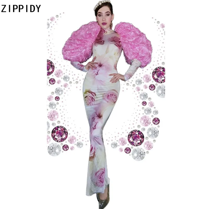 

Длинное розовое платье из спандекса, с цветочным узором, с пышными рукавами, для дня рождения, выпускного вечера