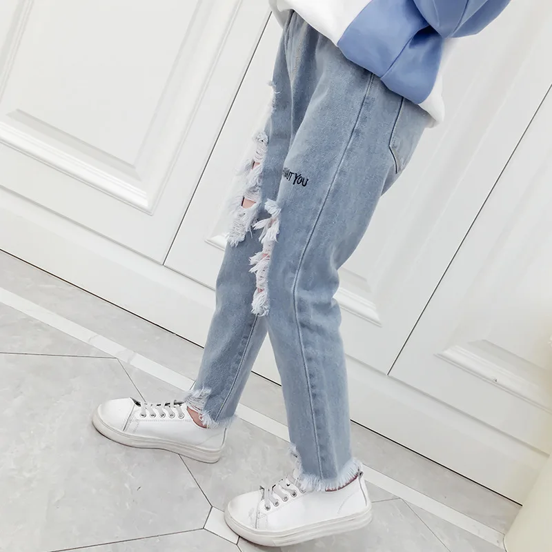 Детские рваные джинсовые брюки новые весенне осенние из денима для девочек 3 4 5 6 7