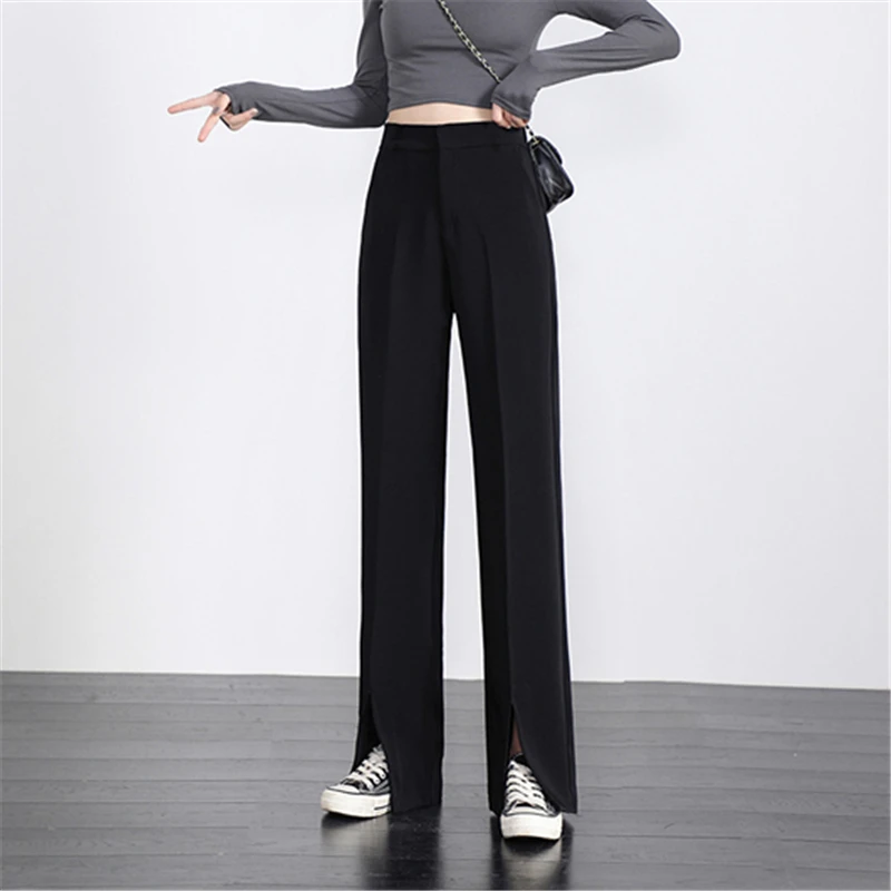 

2021 Spring Fashion New Style High Waist Split Loose Slim Straight Wide Leg Pants Mopping The Floor Lengthened Pants Female H328