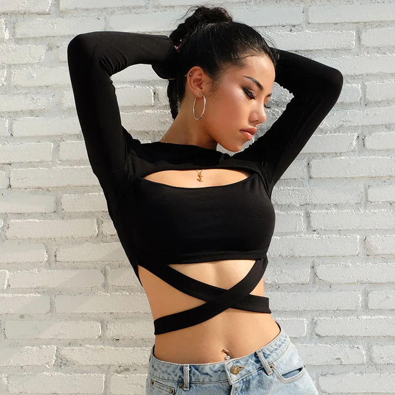 

2021 New Sexy Strapless Long-sleeved T-shirt Women's Net Celebrity Women's Clothing