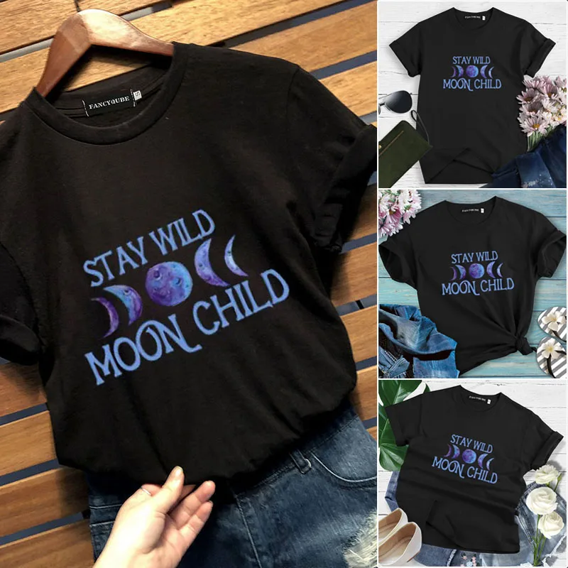 Gothic Women's Tshirt STAY WILD MOON CHILD Print T-shirts Female Short Sleeve Tees camiseta de las mujeres