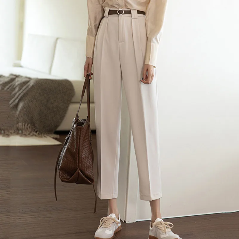 

Real shot female high waist slim loose straight suit pants 2021 new Harlan casual nine-point pants