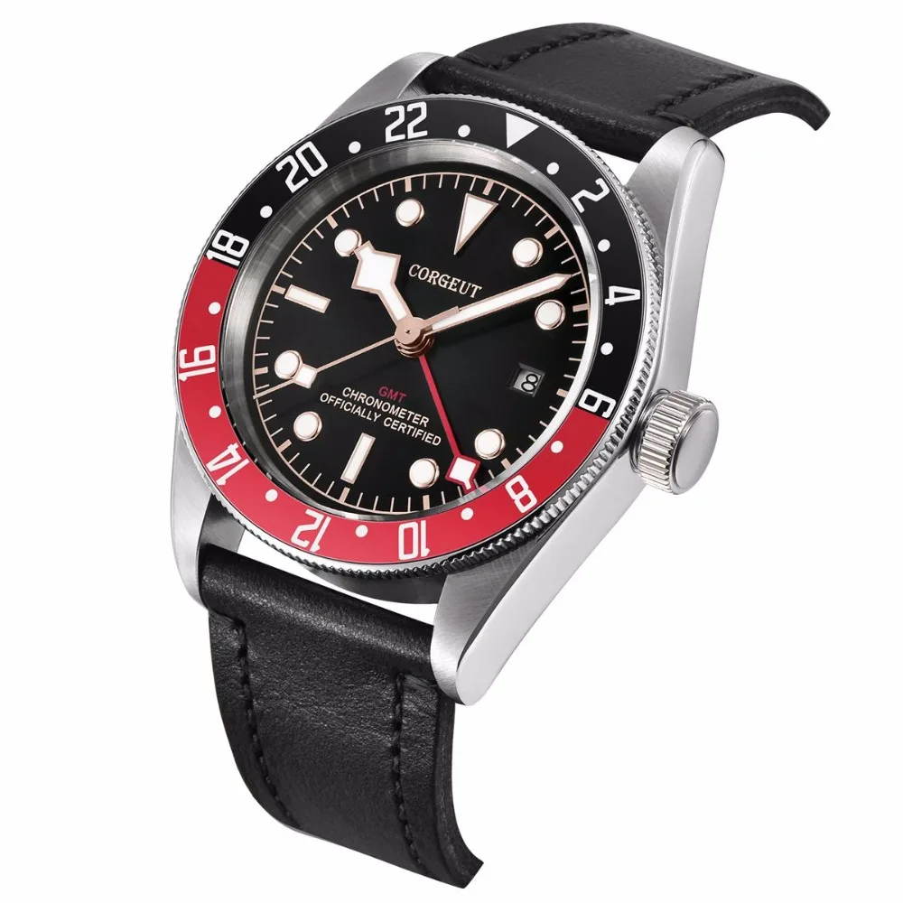 Corgeut люксовый бренд Schwarz Bay GMT Мужские автоматические механические часы Военные Спортивные часы для плавания кожаные механические наручные часы