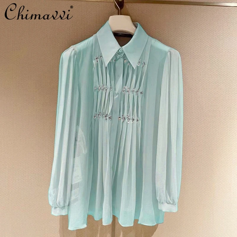 

2021 Autumn New Heavy Manual Rhinestone Pleated Loose Transparent Mint Green Elegant Shirt Long-sleeve Blouse Tops for Women