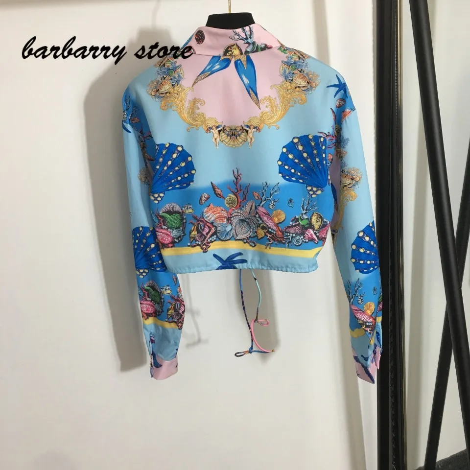 2021 luxury brand ocean cartoon print women's skirt set sexy lace up temperament Lapel Shirt Top + high waist slim bag hip skirt