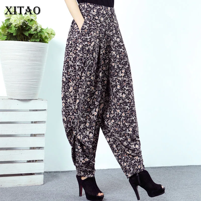 

XITAO Pleated Pants Fashion New Elastic Waist High Waist Large Size Loose Floral Chiffon 2021 Summer Minority Pants CLL1875