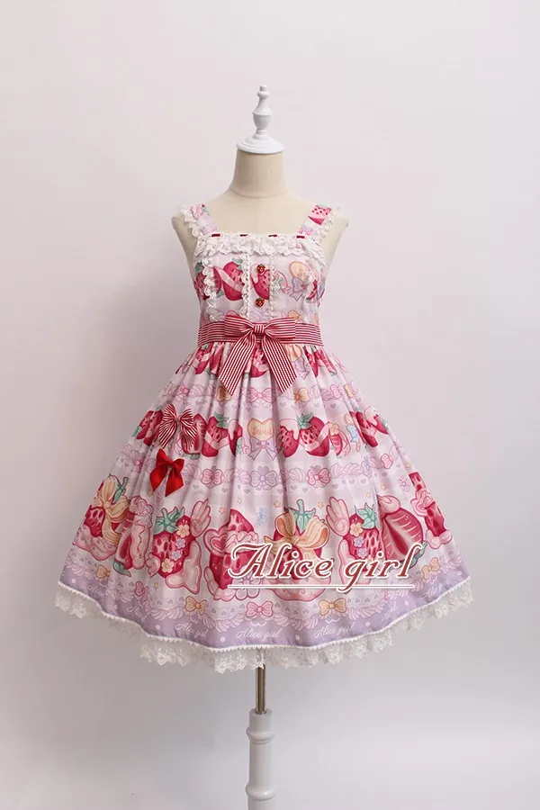 Крем и клубника~ сладкий Лолита печатных JSK платье w. Значок от Alice Girl~ предварительный заказ