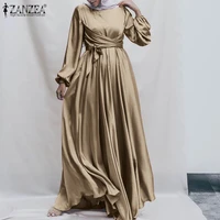 2021 zanzea stylish womens satin sundress muslim dress long sleeve islamic vestidos female marocain turkish maxi robe belted
