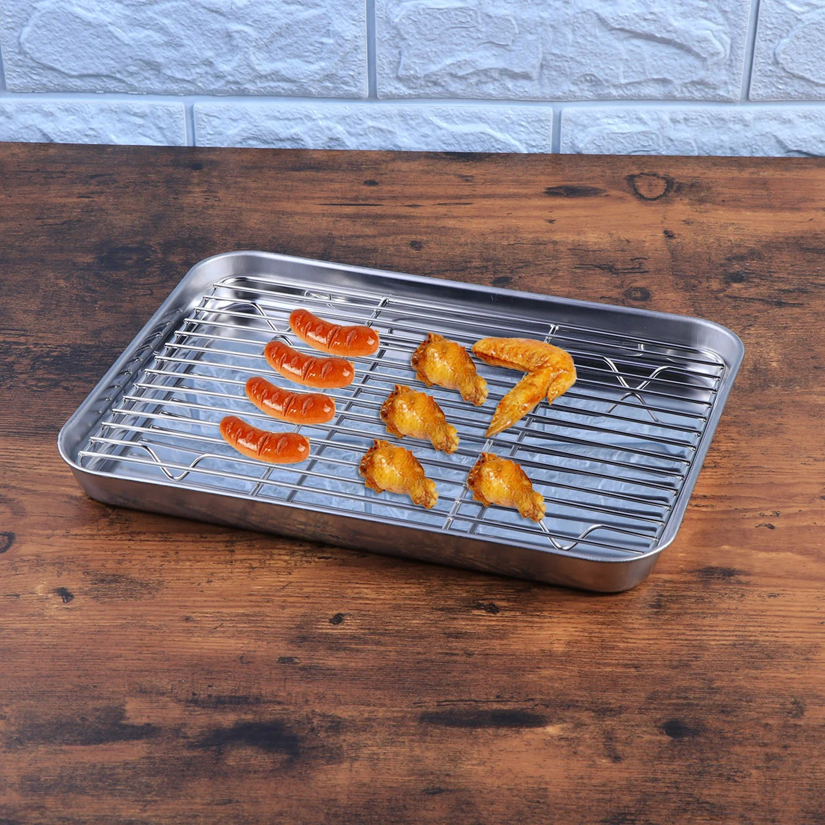 

2 Pieces/Set Rectangular Baking Tray Stainless Steel Baking Pan Sheet with Removable Cooling Rack - 26x20x2.5cm