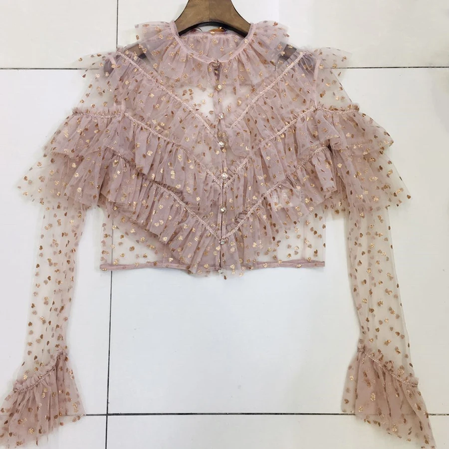 2020 весенние милые каскадные женская блуза с оборками и рубашка в горошек