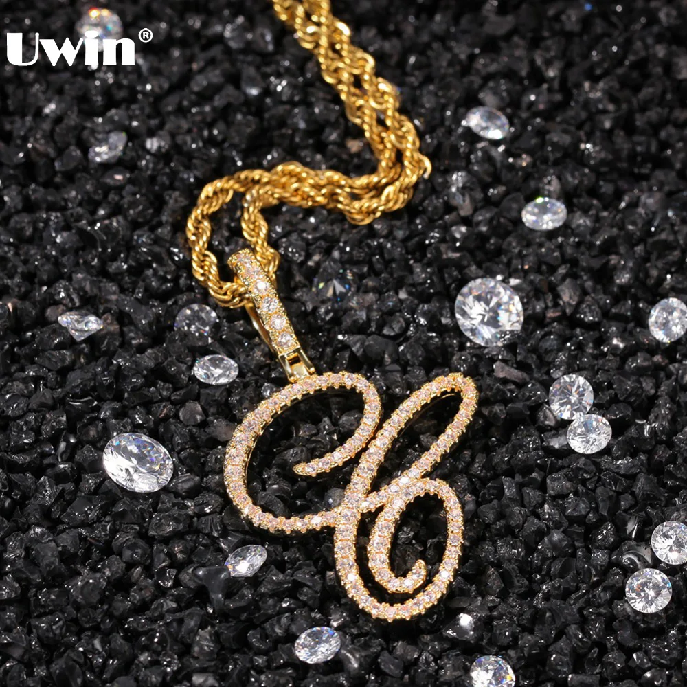

Uwin Fashion Jewelry Cursive Letters Name Necklace Pendant Charm Cubic Zirconia Full Iced Out For Men HipHop Jewelry Gift
