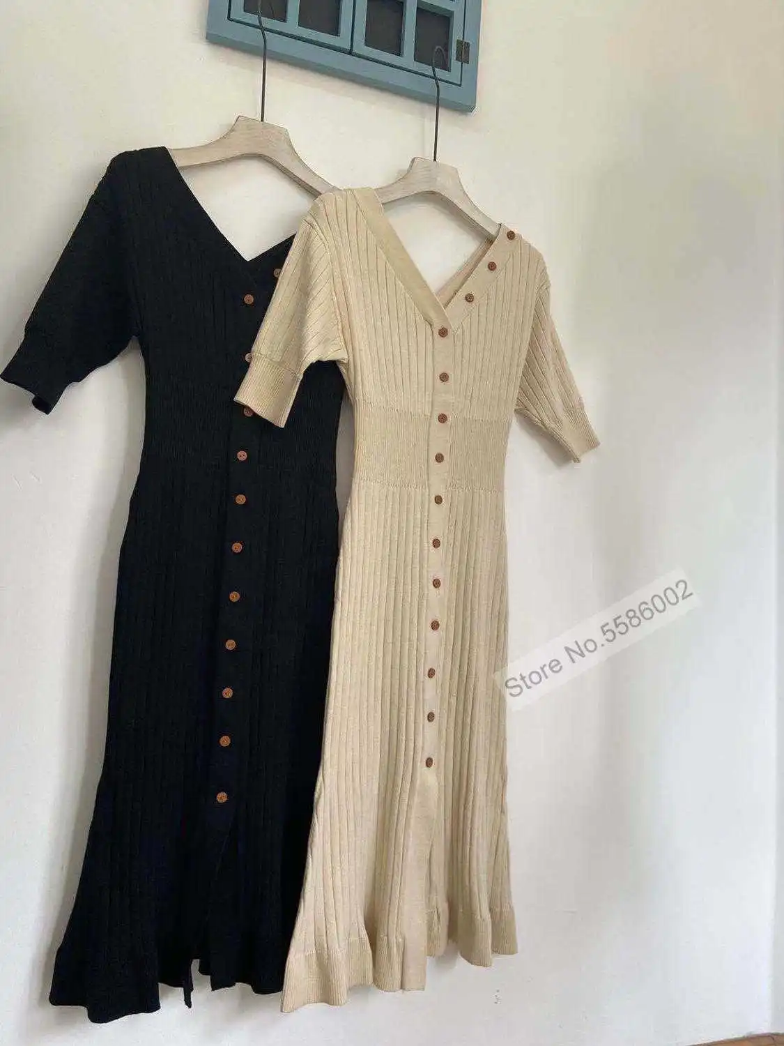 

Womene Spring & Fall New V-neck Single-breasted Five-point Sleeves Waist Slim-fit Rib Knit Long Dress