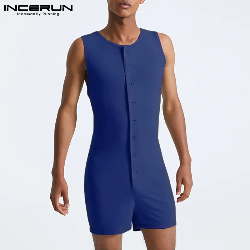 INCERUN Summer Men Pajamas Rompers Solid Color O Neck Sleeveless Homewear Jumpsuits Button Cozy Leisure Nightwear Men Playsuits