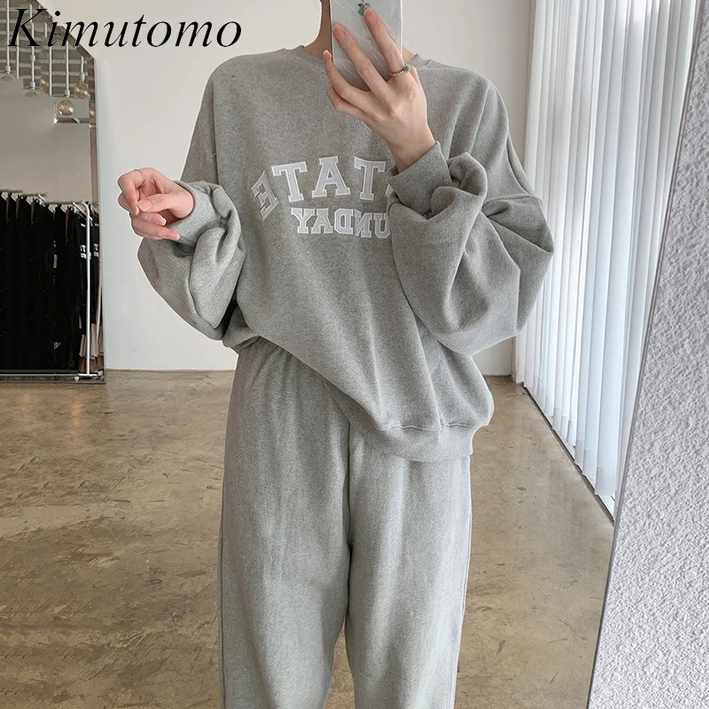 

Kimutomo Women Sets 2021 Korean Autumn Simple Ladies Lazy Round Neck Letter Loose Sweatshirt High-Waisted Trousers Two-Piece
