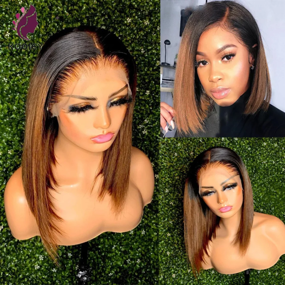 

Ombre Brown Human Hair Wig Straight Short Bob Wig 13x4 Lace Front Wigs Human Hair Pre Plucked 4x4 Lace Closure Wig 150% Remy