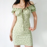 women slash neck shirred back floral print mini dress in sage green tie front cotton sweet slim fit elastic shoulder