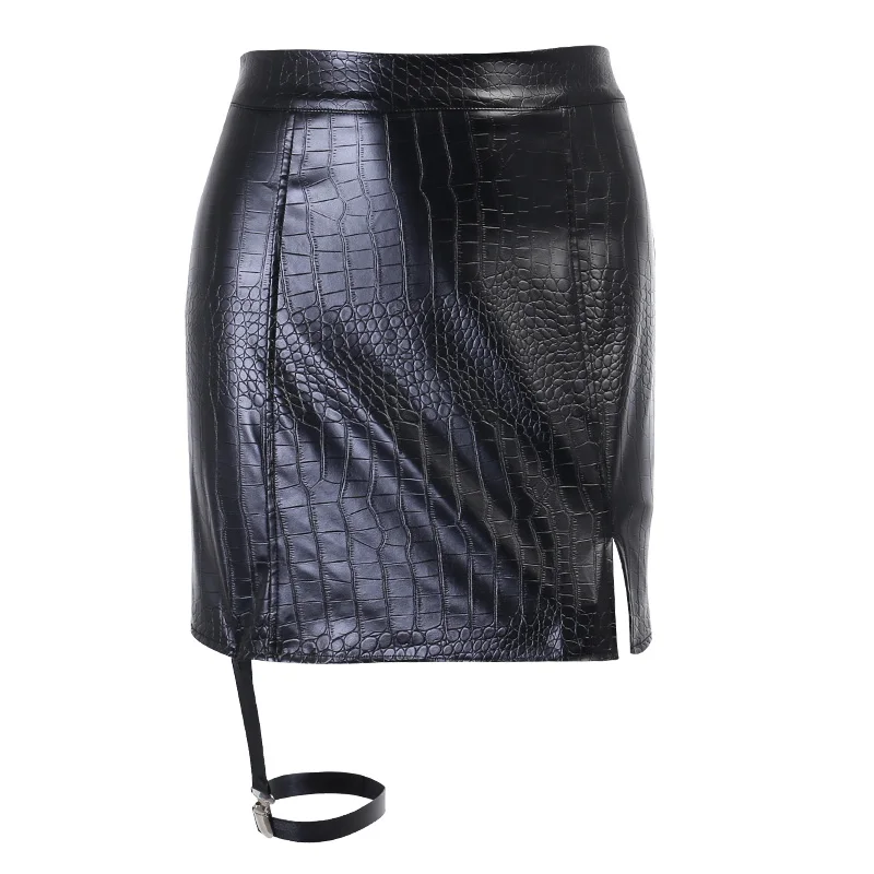 

XUXI Women Crocodile-Pattern PU Half-length Skirt Summer 2021 Slim Slim Sexy Split Strap Hip Skirt E1342