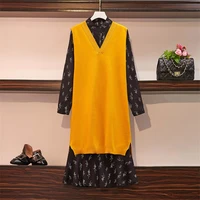 ehqaxin womens autumn winter wear new slim dress set long sleeves comfortable yellow sweater black dresses l 4xl