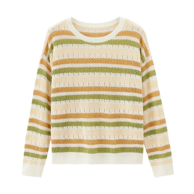 Женский трикотажный свитер в радужную полоску Повседневный с длинным рукавом и