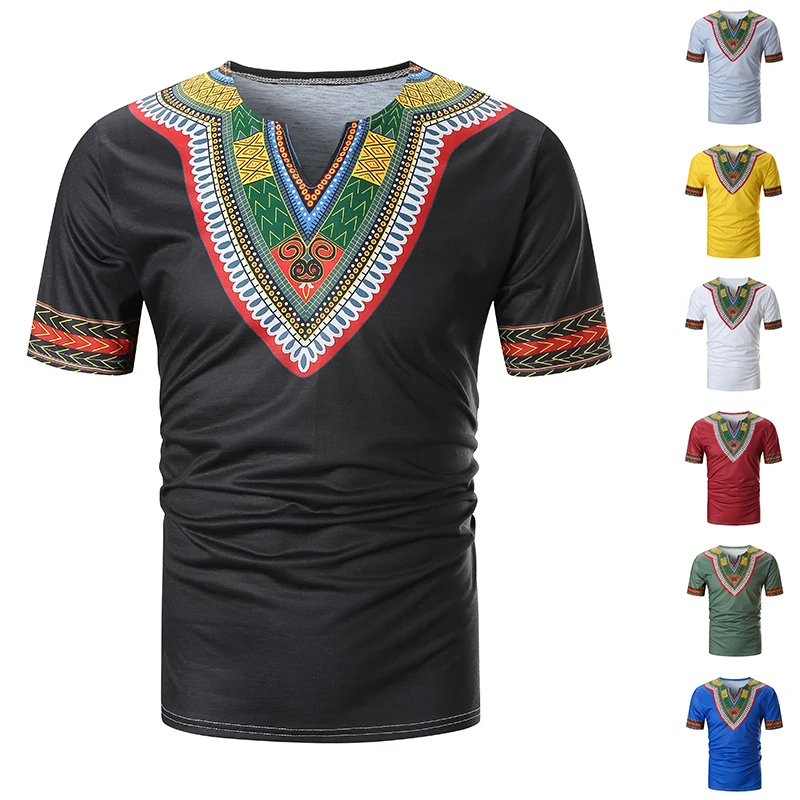 2021 New Arrived Folk-custom T-shirts Men Summer Casual African Print V Neck Pullover Short Sleeve T-shirt Top Blouse camiseta