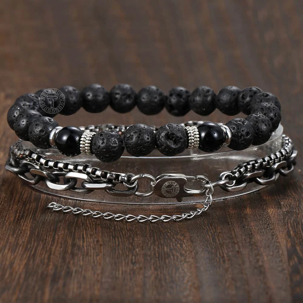 Мужской браслет с двойной цепочкой Davieslee черный из нержавеющей стали бусинами