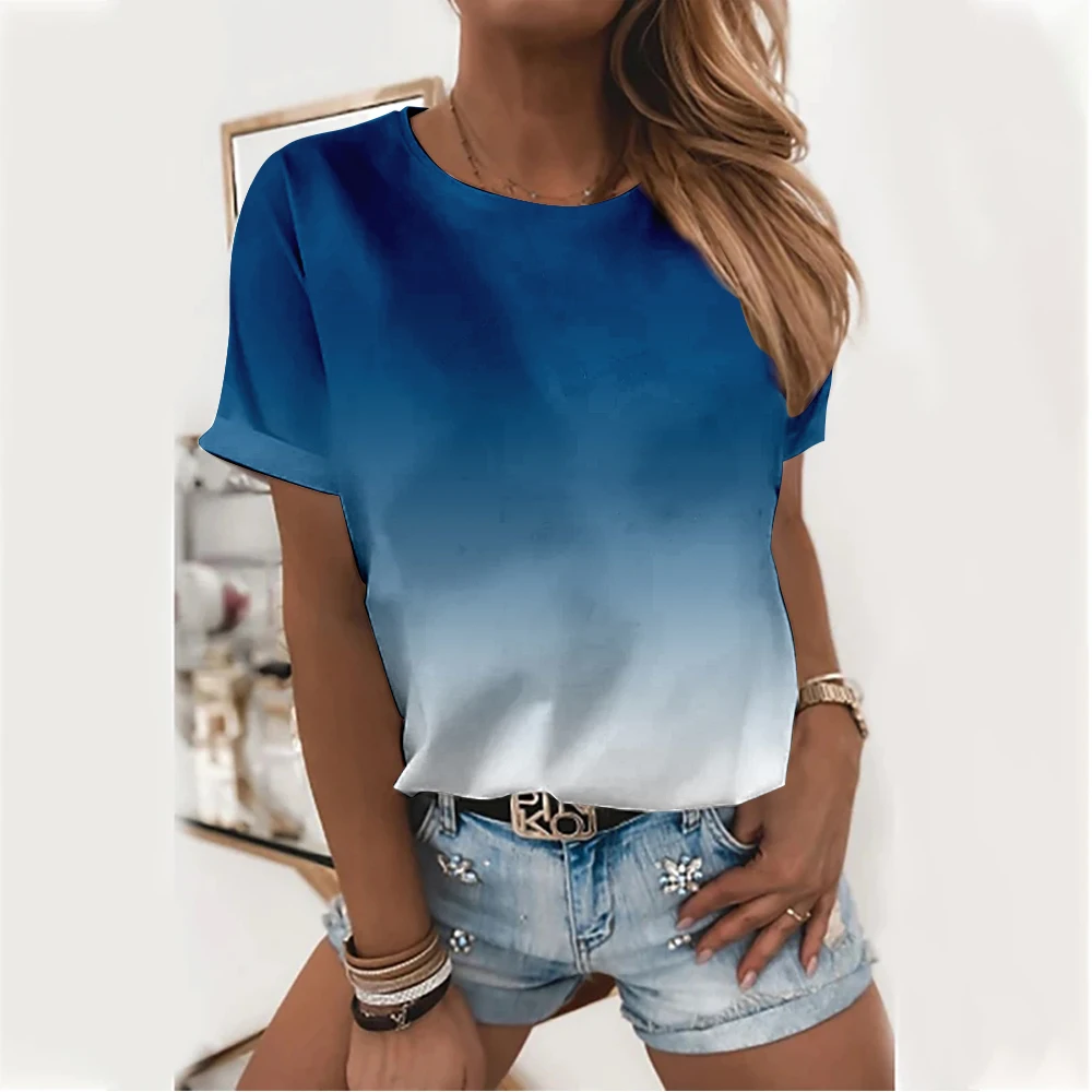 

Cross-border women's two-tone gradient pattern digital printing round neck t-shirt