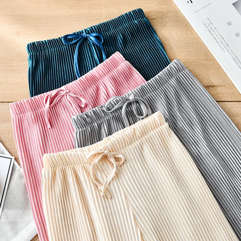 

2021 New pleated wide-leg pants girls loose casual pants chiffon trousers ice silk nine-point pants