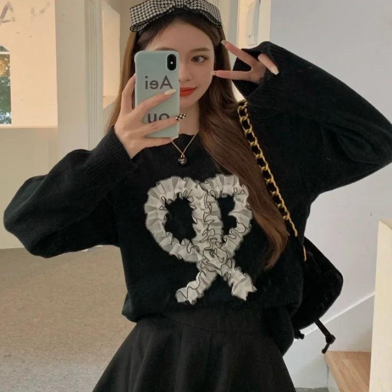 

Sweater Women 2021 New Korean Fashion Casual All-match Round Neck Bow Mesh Stitching Design Loose Thick Knit Pullover Sweaters