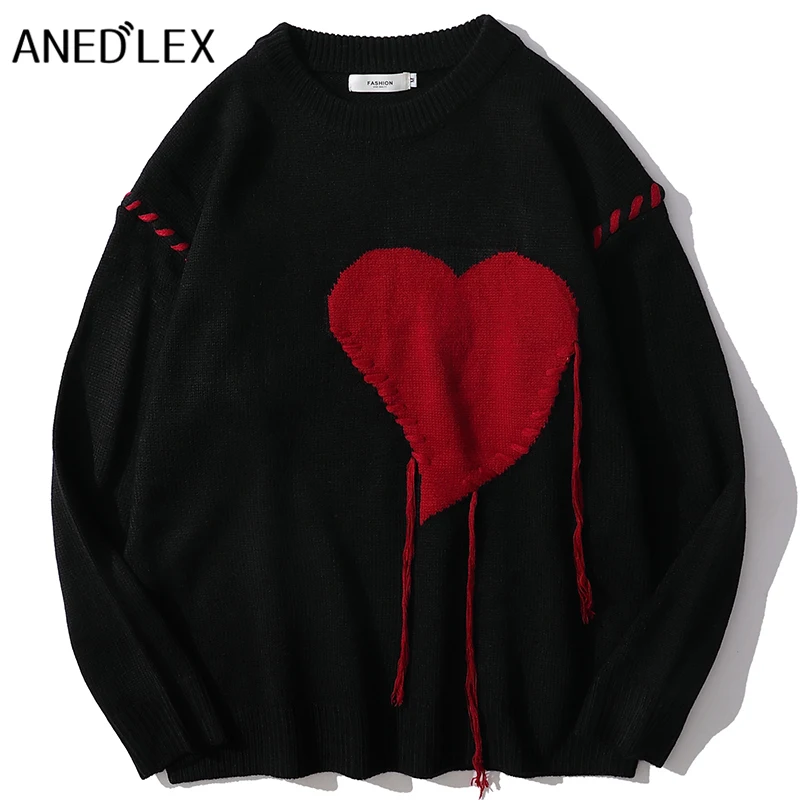 

Men Hip Hop Streetwear Knitted Sweater Heart Embroidery Pullover 2021 Autumn Women Harajuku Cotton Casual Sweater Black White