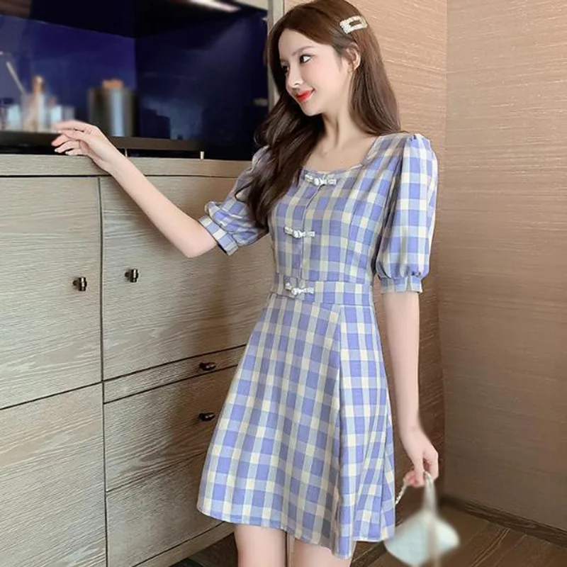 

Summer French Style Retro Vestidos Silm Square Collar High Waist Plaid Print Short-Sleeved A-Line Dress Holiday Femme vestido