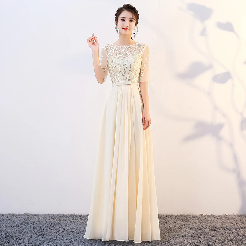 Женское кружевное платье Ципао длинное вечернее цвета шампанского традиционное