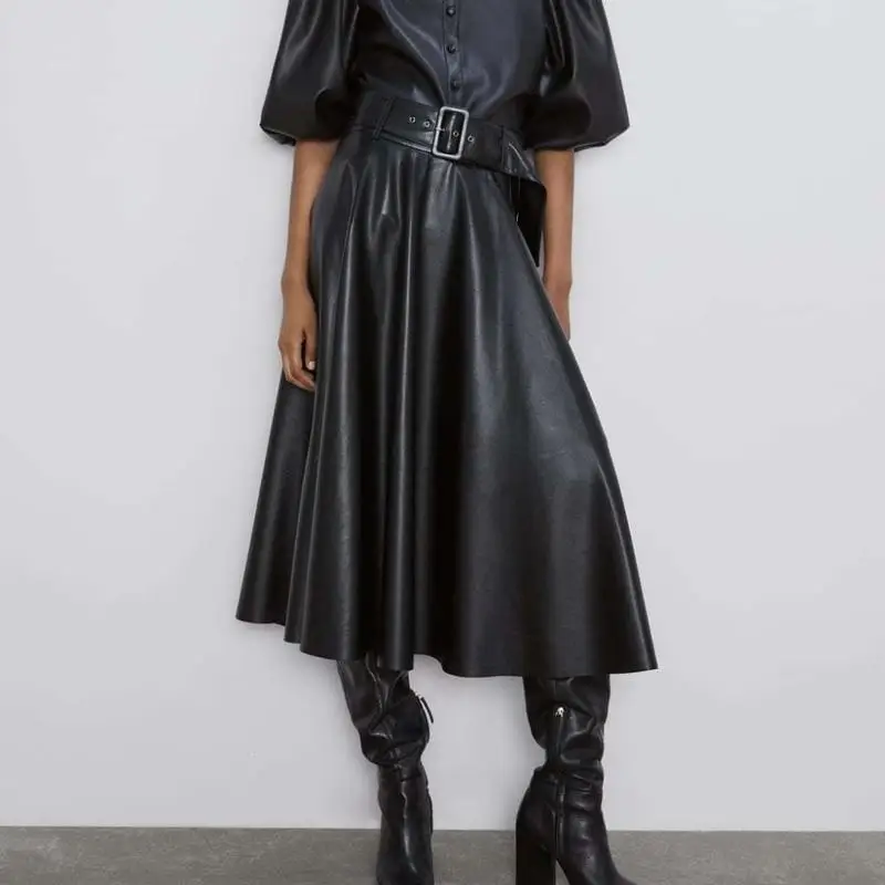 Женские осенне зимние юбки из искусственной кожи в готическом стиле черные с