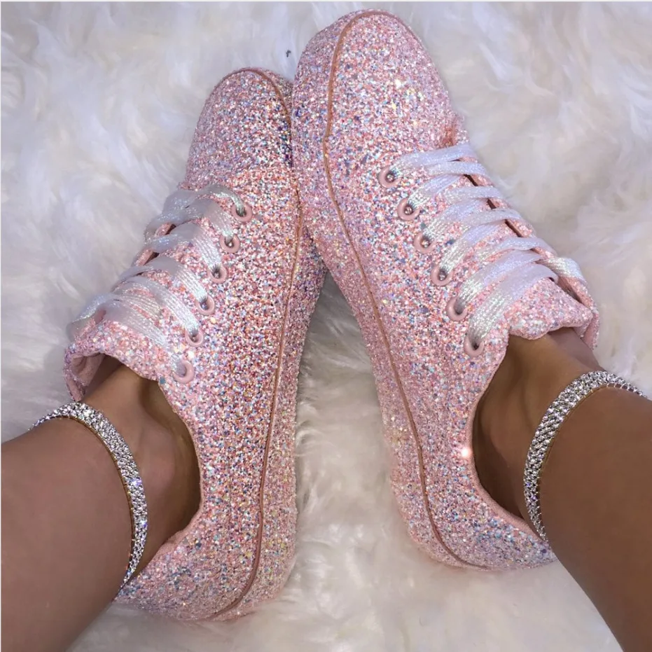 

Women Vulcanized Shoes Rhinestone Sequined Flat Casual Shoes Womens Sneakers Fashion Chunky Ladies Sports Shoe Large Size