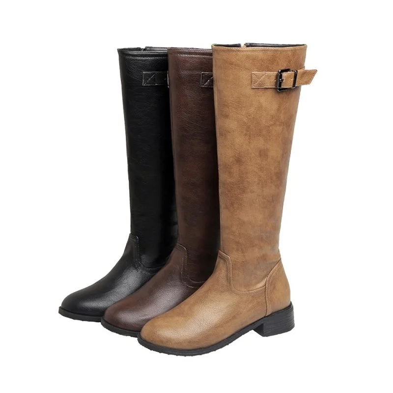 

Women Boots Autumn Winter Pu Adult Motorcycle Boots Med Heels Knee-High Round Toe Zip Square Heel 2021 Concise Fashion Brown