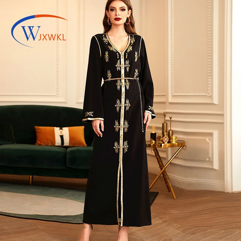 

WJXWKL Abayas for Women Turkish Heavy Industry Manual Sewing Phnom Penh V-neck Rhinestone Robe Middle East Party Holiday Dress