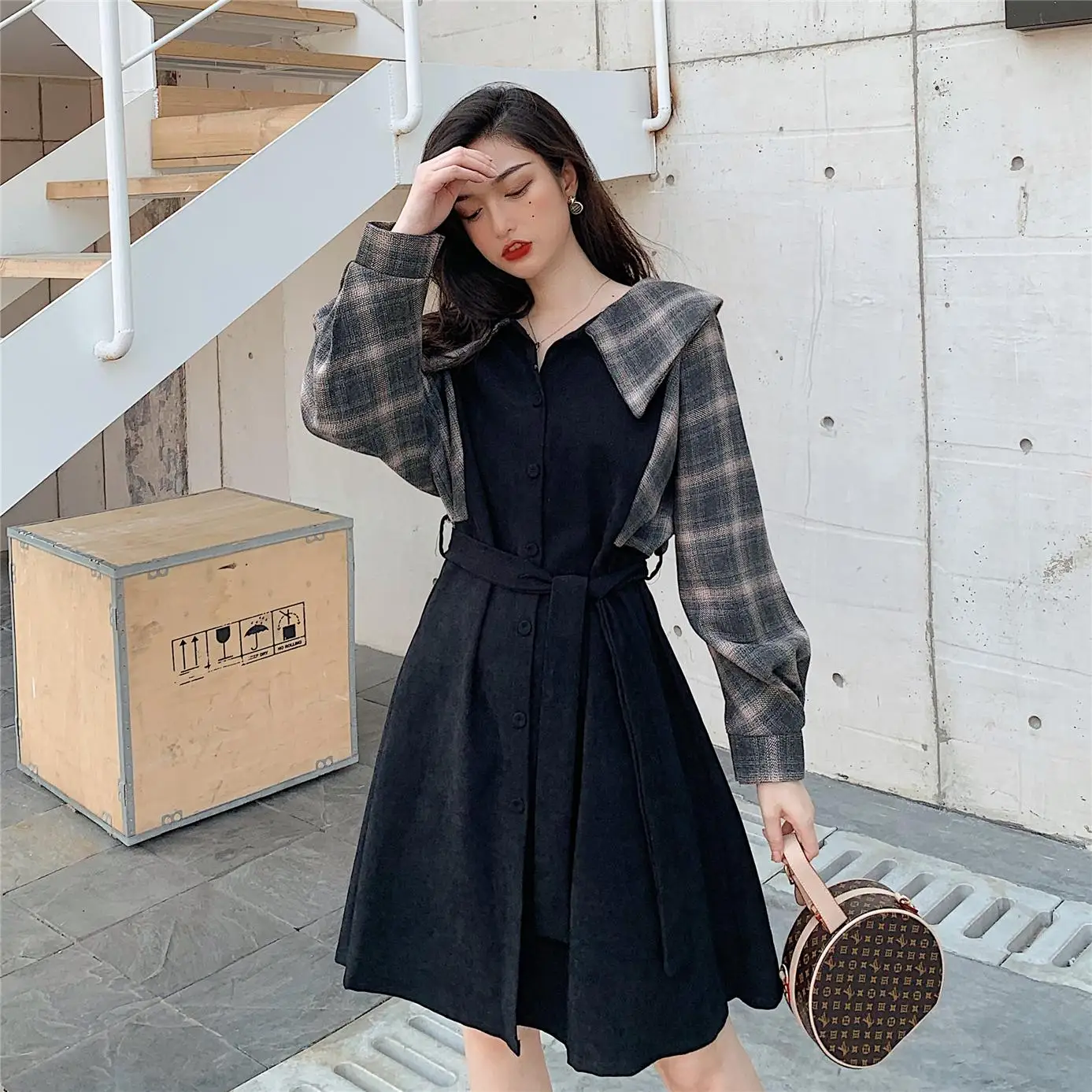 Клетчатые платья лидер продаж женское модное лоскутное винтажное платье рубашка