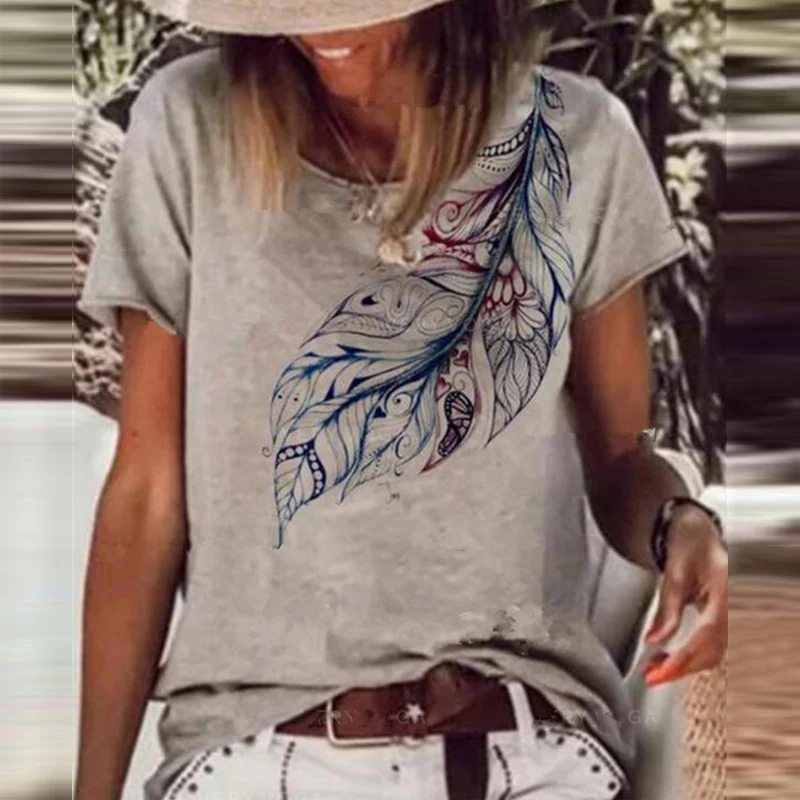 

New Autumn Casual Leaf Pattern Basic Tops Blusa Women Fashion Vintage Round Neck Shirt Pullover Summer Short Sleeve Loose Blouse