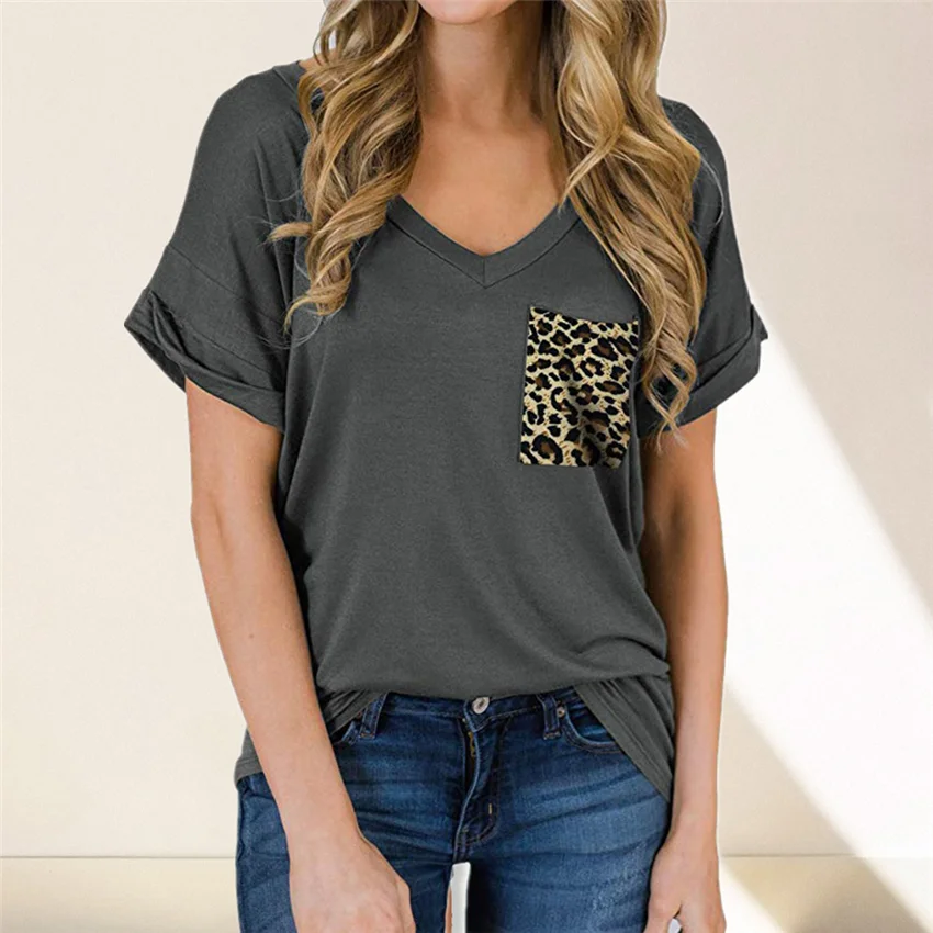 Женская футболка с леопардовым принтом и карманами Повседневная короткими