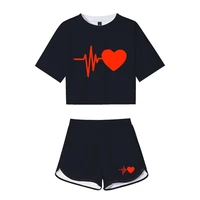 heart finger crop shorts suit solid black 3d print t shirt pants two piece set women tracksuit outfit summer cute matching