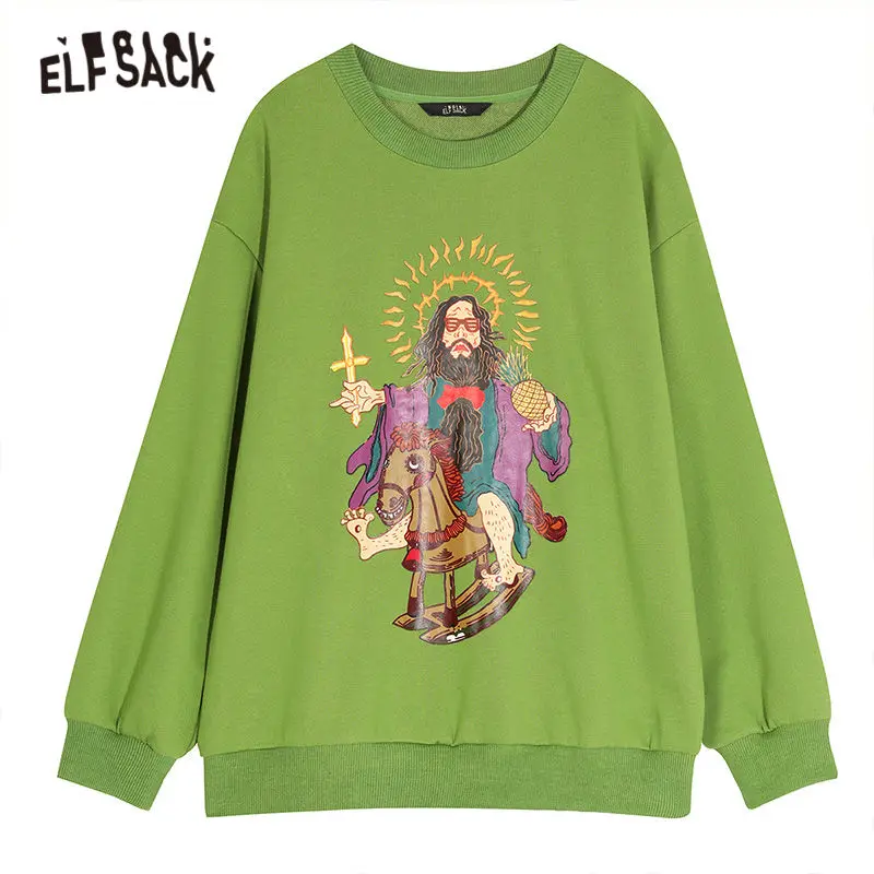 ELFSACK, зеленый, однотонный, с принтом Иисуса, корейский пуловер, Толстовка для женщин, зима, белый, чистый, с вышитыми буквами, забавные, повседневные, женские топы