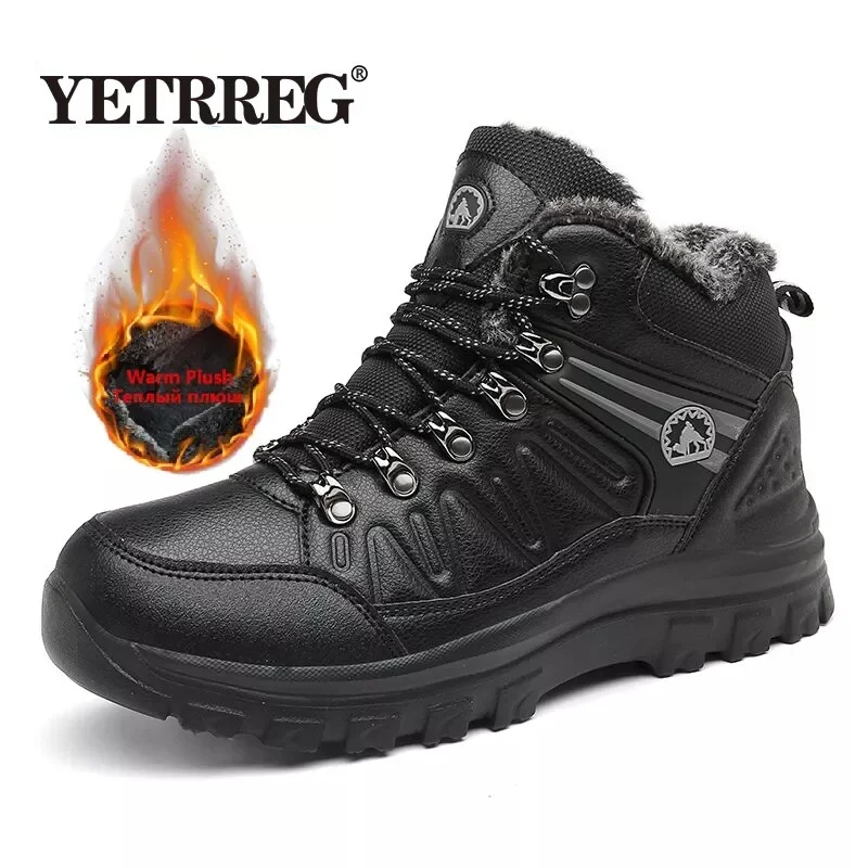 Брендовые зимние кожаные мужские ботинки плюшевые теплые уличные рабочие