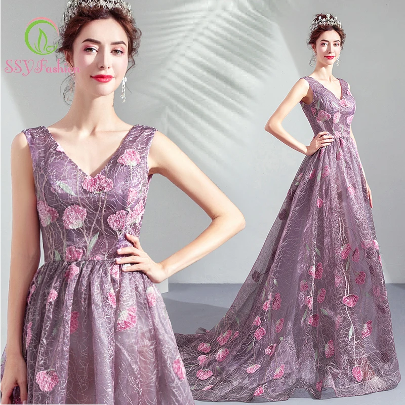 Женское вечернее платье со шлейфом SSYfashion фиолетовое до пола с V образным вырезом без рукавов шнуровкой